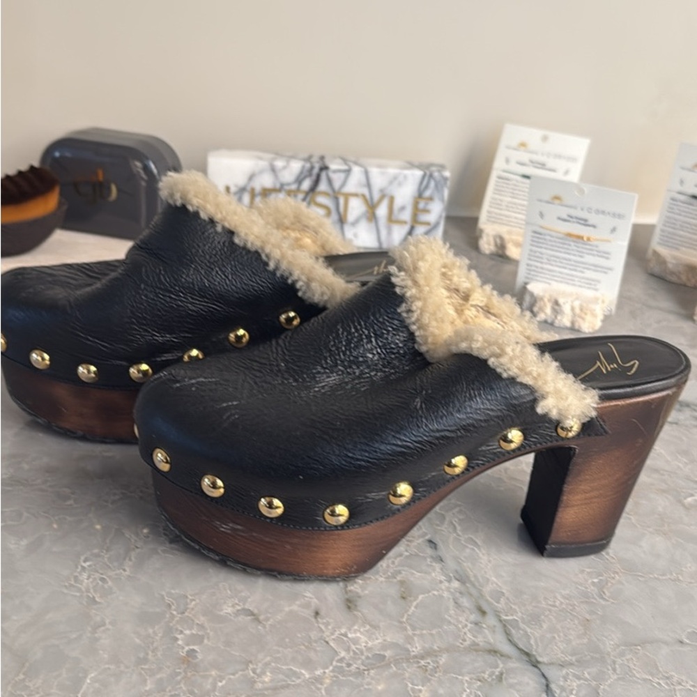 Giuseppe Zanotti Black and Brown Shearling Clogs